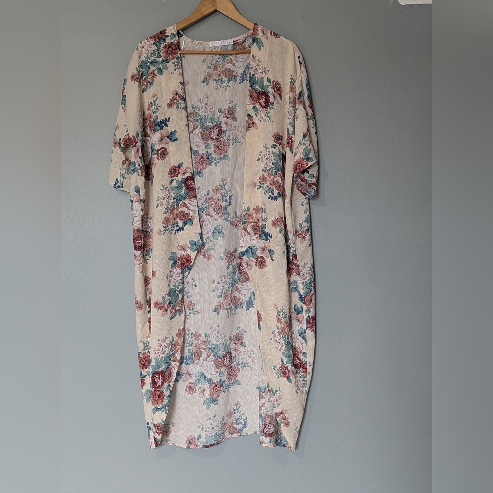 Potter's Pot Cream Floral Rose Print Open‎ Front Duster Cardigan Fairycore